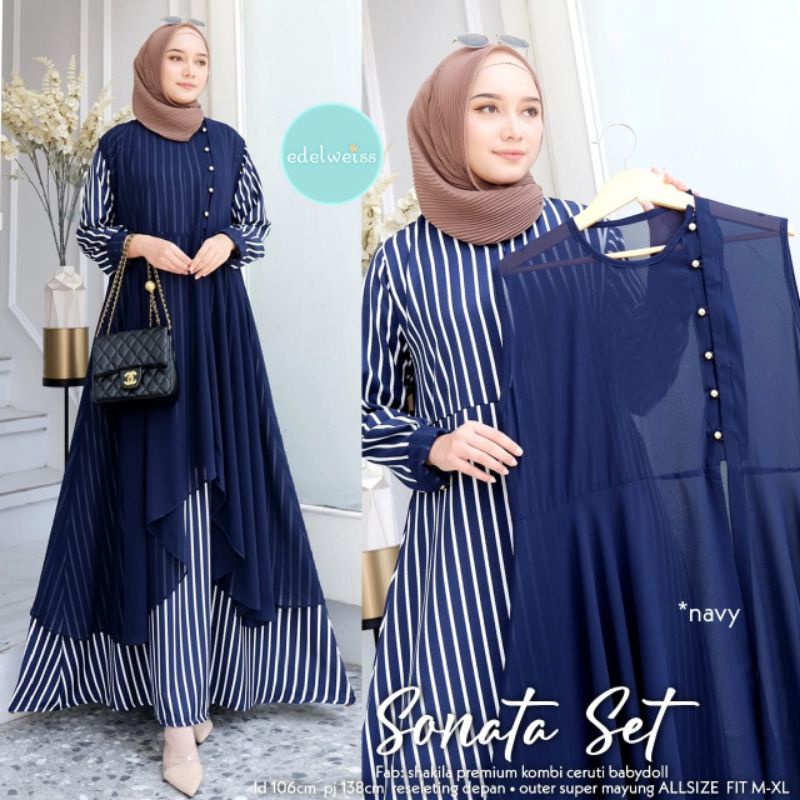SET GAMIS SHAKILA PREMIUM MOTIF GARIS / SALUR + OUTER CERUTI SONATA SET BY EDELWEISS