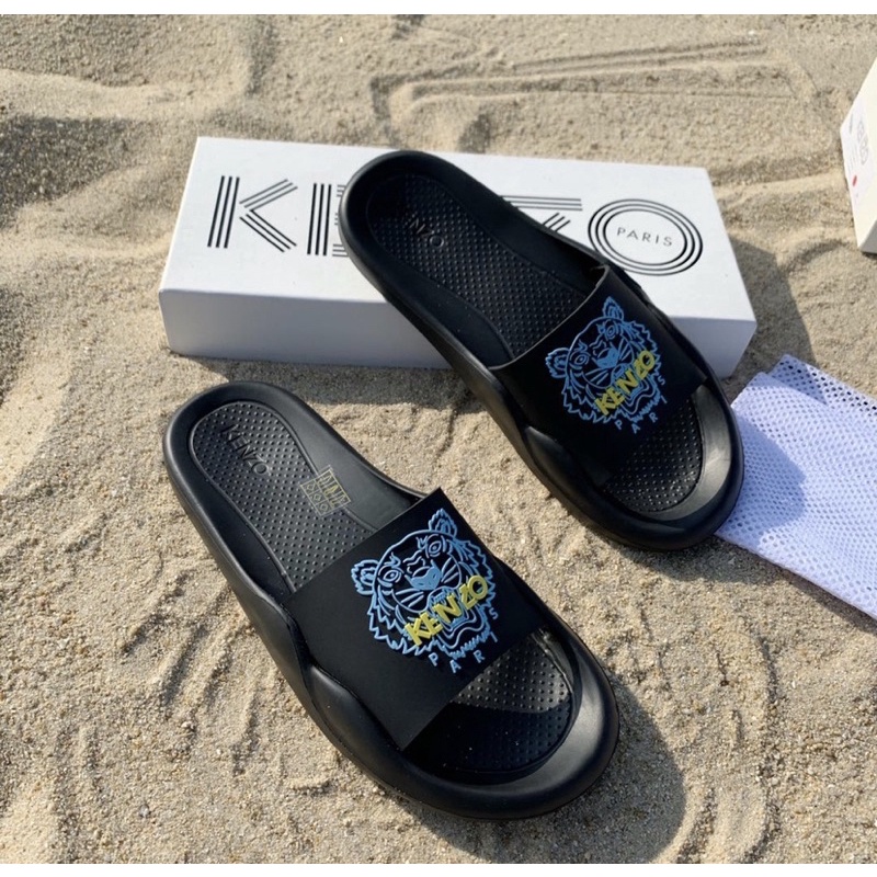 KENZ0 SLIDES SLIPPERS BLACK FONT WHITE