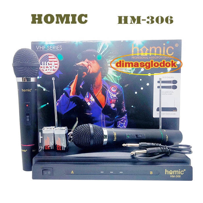 Mic Werles Wirles HOMIC HM-306 Wireless Mikropon 2 Mik Pegang Tanpa Kabel