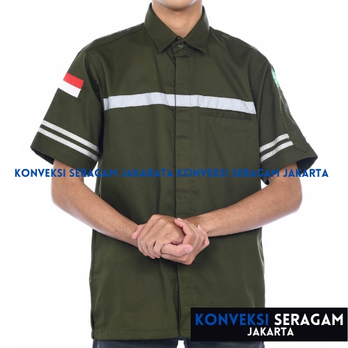 Baju Kemeja Safety K3 Lengan Pendek - Seragam Kerja Atasan Wearpack Werpack Werpak Proyek Tambang Warna Hijau Army Pria Wanita - Konveksi Seragam Jakarta