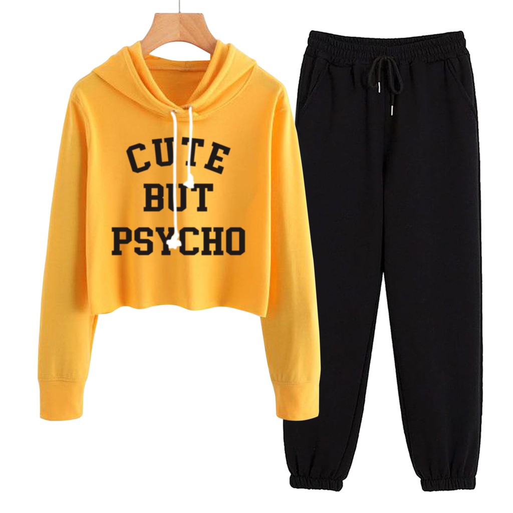 BESS - Baju Setelan Wanita Murah / Setelan Hoodie Crop + Jogger Hitam - CUTE BUTE PSYCHO