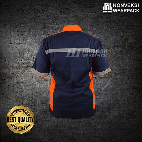 Wearpack Safety Lengan Pendek Warna Orange Kombinasi Biru Navy