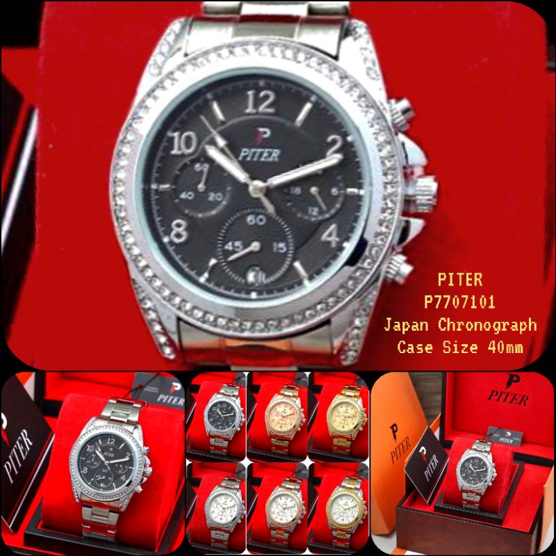 Jam Tangan Analog Pria Piter P7707101 Japan Chronograph Stainless Steel Original