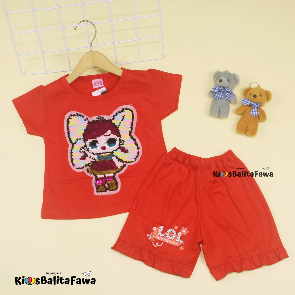 Setelan Queena uk 1-6 Tahun / High Quality Baju Anak Perempuan Kaos Usap Karakter Lengan Pendek Cewe