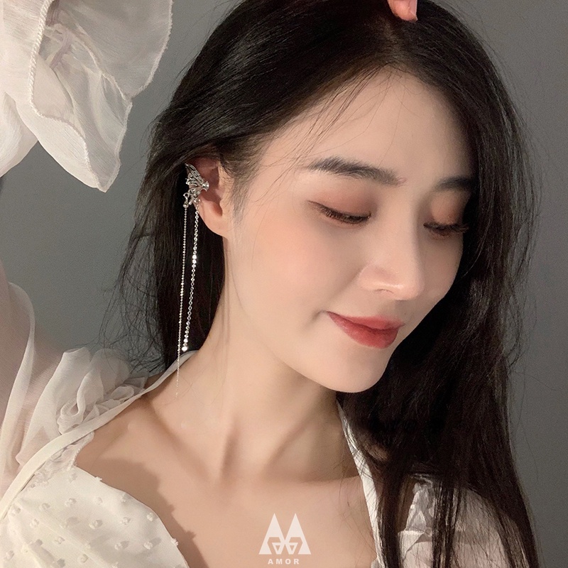 Anting Klip Telinga Model Rumbai Panjang Desain butterfly Untuk Wanita