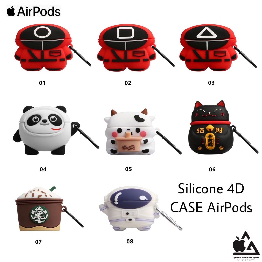 SILIKON CASE 4D NASA STARBUCKS APPLE AIRPODS GEN 1 2 3 PRO  MOTIF SQUID GAME CAT PANDA COW LUCU KEREN CARTOON KARAKTER KARTUN JORDAN DISNEY Silicone Earpods Inpods Earphone Softcase Pouch Kaitan Cantolan