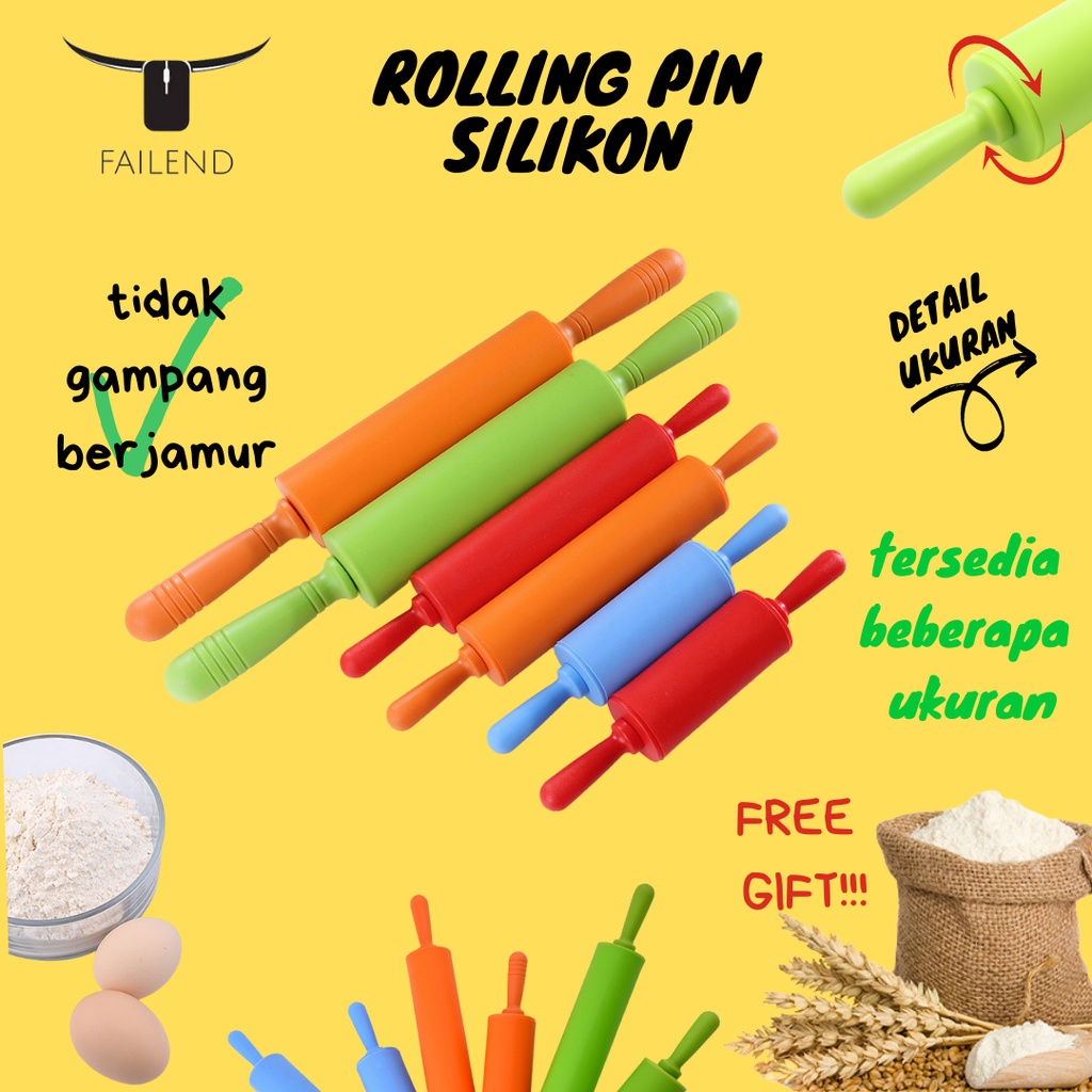 Rolling Pin  Silikon Penggiling Adonan Kue Baking Biru Merah Orange Hijau