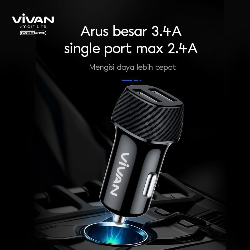 Car Charger Vivan CC02C 3.4A Dual USB Smart IC Quick Charging Mobil ORIGINAL