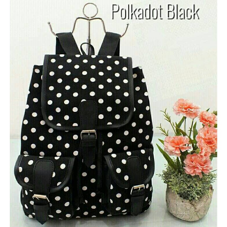 Promo Tas Punggung Wanita Polkadot Hitam 4T2G2B3-ST  Bahan Kanvas Diskon