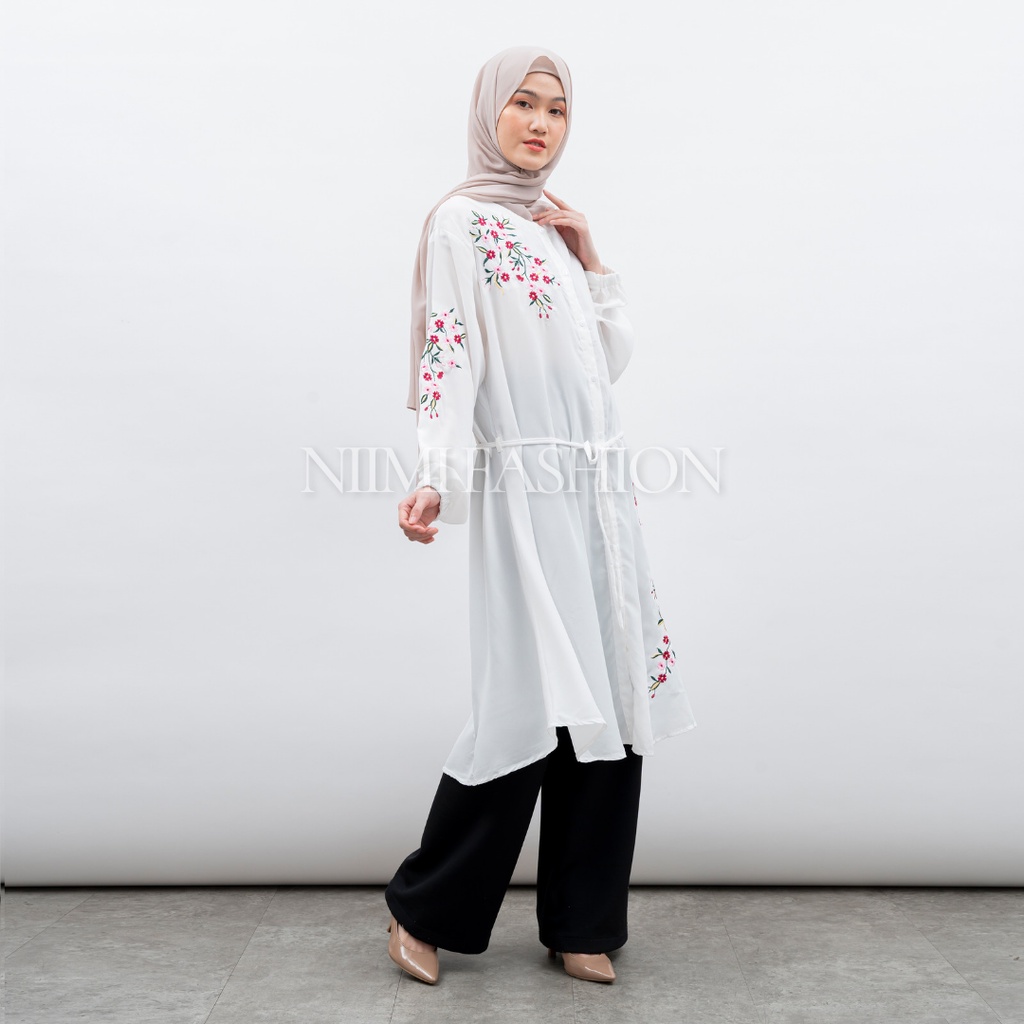 NIMI - Arsyila Midi Dres Tunik Putih Bordir Premium Atasan Long Tunik Putih Jumbo Bordir