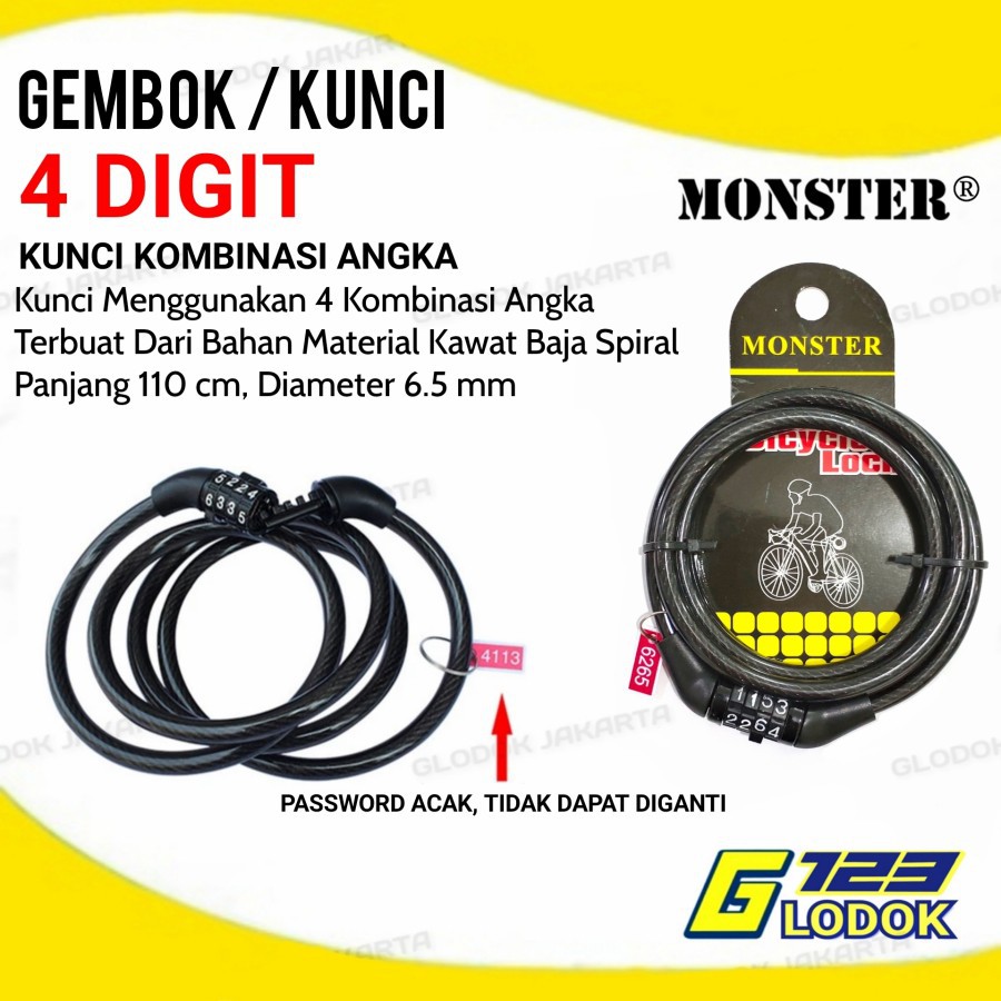 Gembok Pengaman Sepeda Motor Helm Kabel Kode Angka 4 Digit Angka