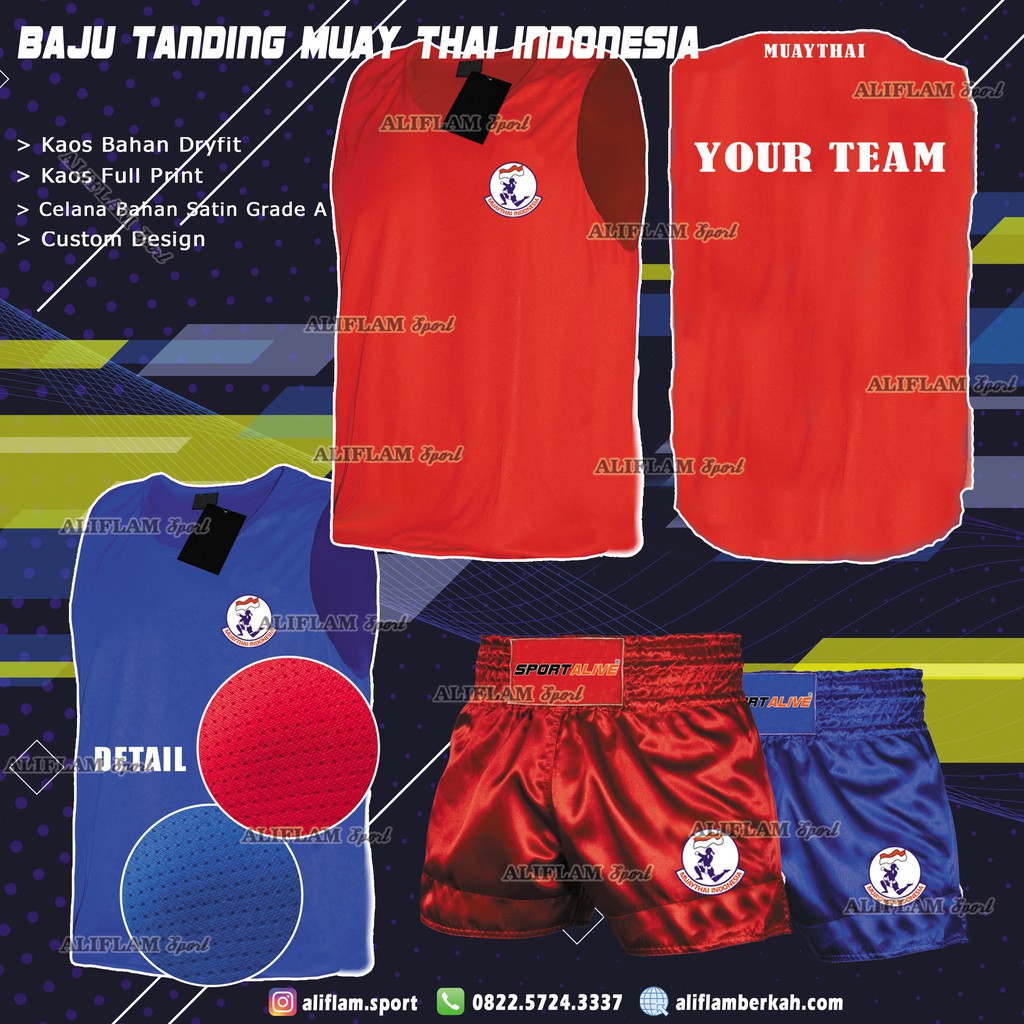 Seragam Muay Thai Indonesia Baju Muaythai Pria Wanita + Celana Muaythai Boxing