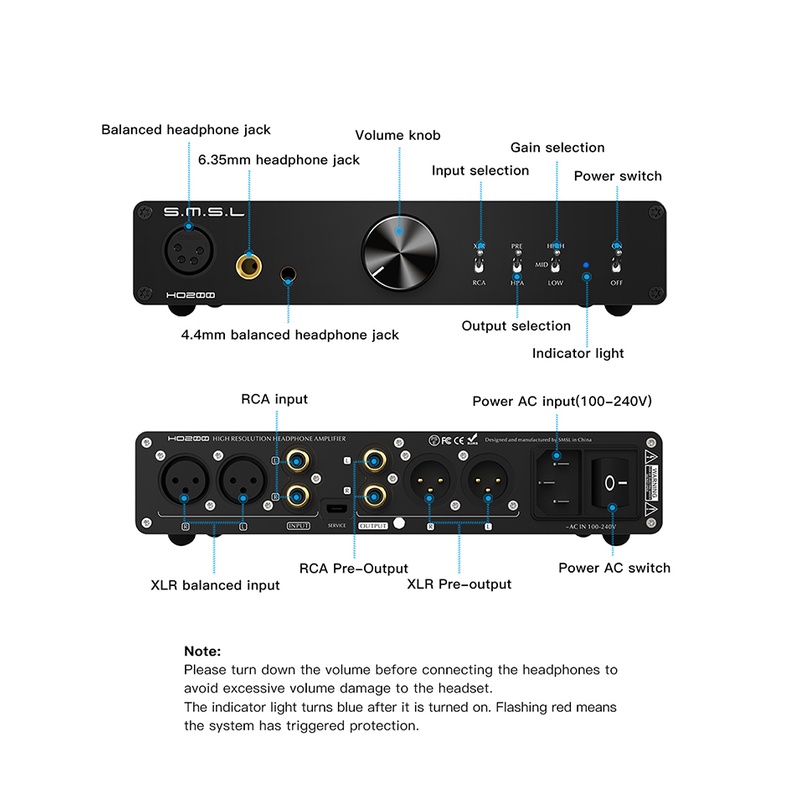 Smsl HO200 HiRes headphone amplifier 16ohm 6W / 32ohm 3W RCA pre output 6.4 balanced output Untuk Hi-End pre amp XLR