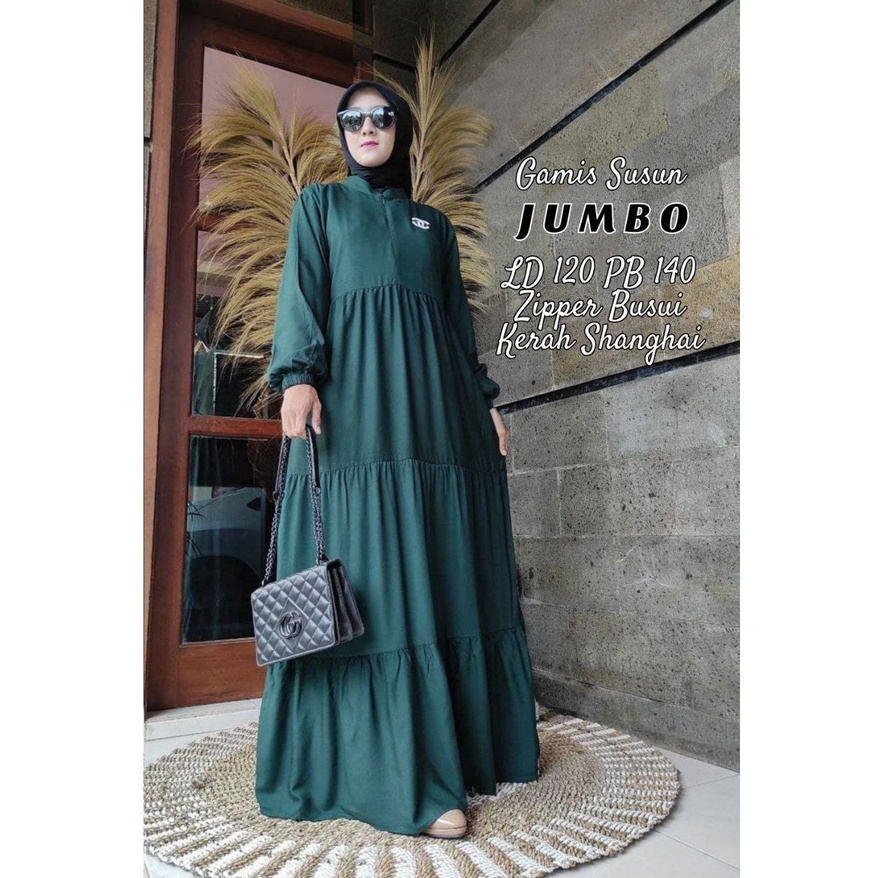 Gamis Syari Rayon Adem Warna Polos Susun Cantik Elegan Canda Busui Wudhu Friendly Listia Hijau Botol
