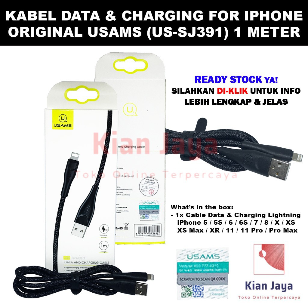 Usams Kabel Data iPhone Lightning Port Cable Support Fast Charging dan Data Transmission Original