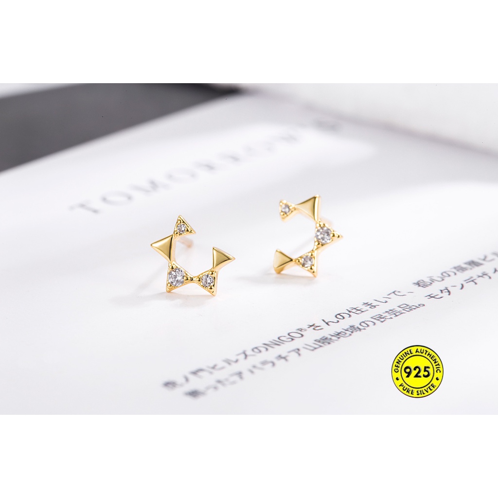 Anting Tusuk Sterling Silver Model Pentagram Terbuka Aksen Berlian Mini Untuk Wanita