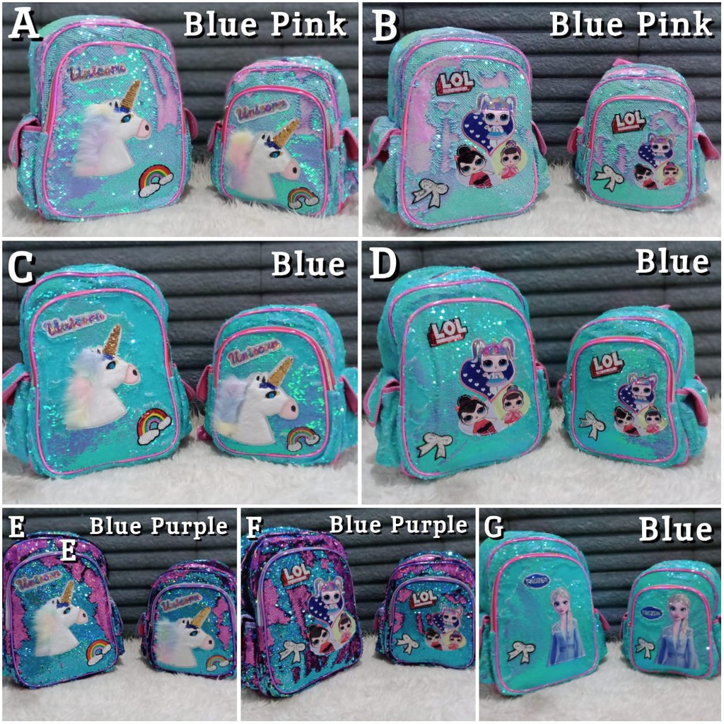 TAS SEKOLAH ANAK SD TK SEQUIN UNICORN FROZEN LOL LED / TAS RANSEL ANAK PEREMPUAN / A205