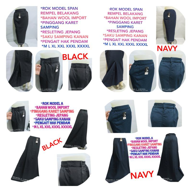 ROK SPAN PANJANG REMPEL BELAKANG  & MODEL A ROK KANTOR BAHAN WOL IMPOR