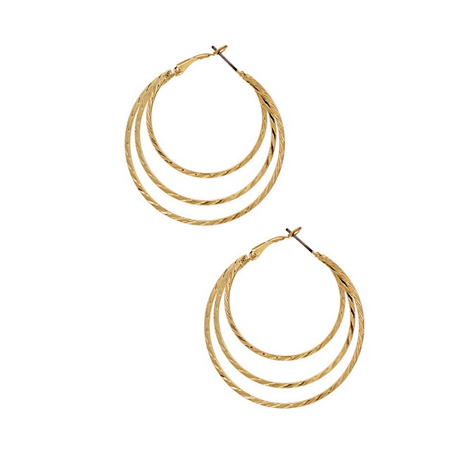 LRC Anting Tusuk Fashion Golden Alloy Three Layer Circle Stud Earrings D84446