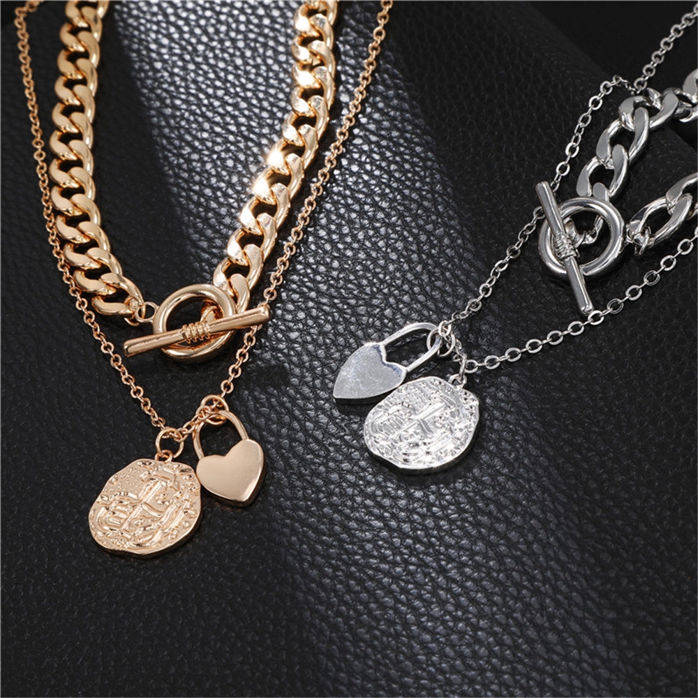 【COD Tangding】New Korea Fashion Style Chain Heart Lock Pendant Two - Layer Necklace Accessories