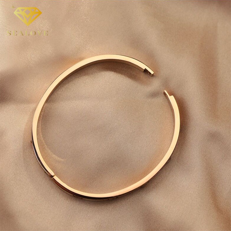 Titanium asli gelang wanita anti karat bulat Lapis emas 18k perhiasan berlian Bangle Premium