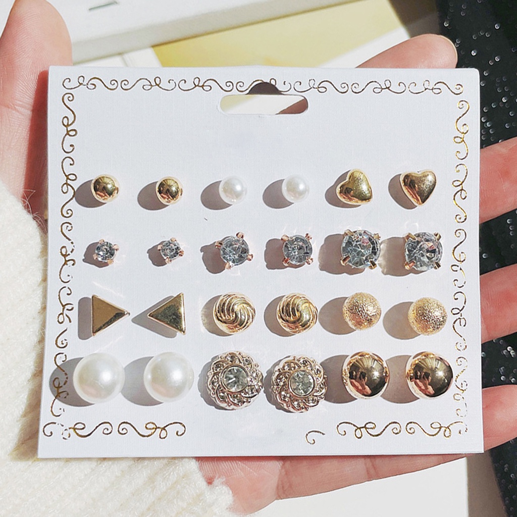 Hu Hu Hu Hu Hu Alat Bantu Pasang Kacamata♡ 12 Pasang Anting Stud Bentuk Bola Geometris Aksen Mutiara Imitasi Gaya Korea Untuk Wanita