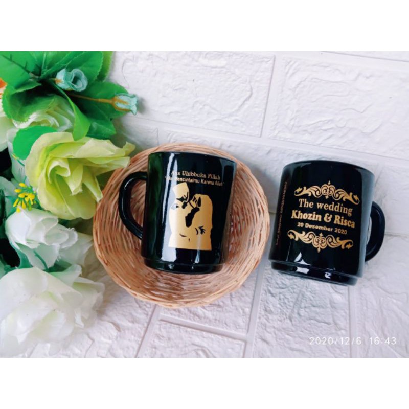 souvenir gelas gagang hitam sablon