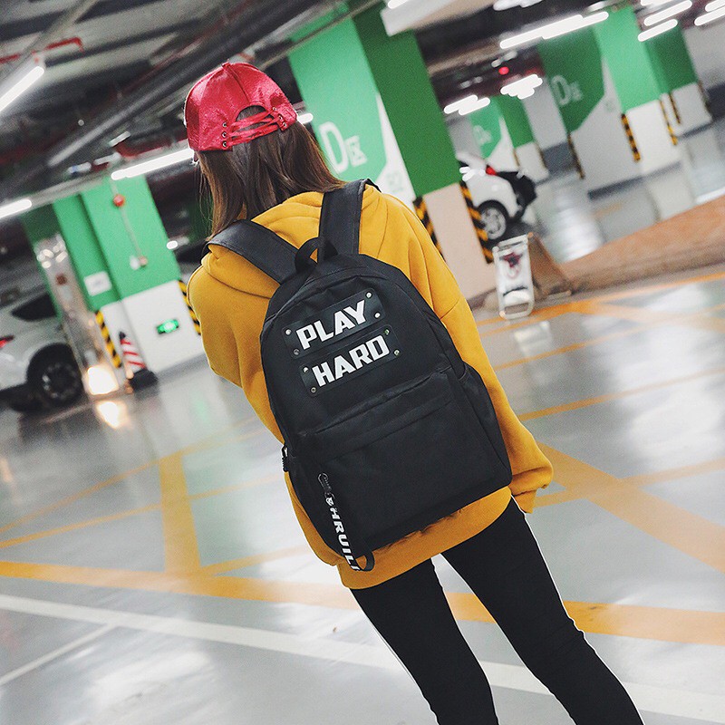 Unisex Korean canvas backpack Play Hard / Ransel wanita kanvas Tas Ransel Cowok / Tas Sekolah import