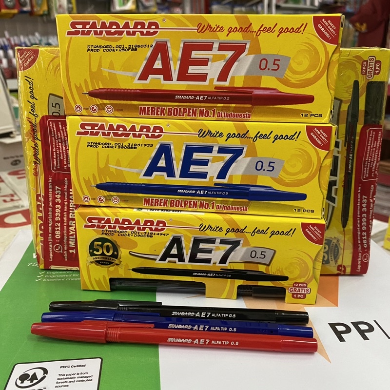 

PEN STANDARD AE7 HITAM BIRU MERAH / PULPEN STANDARD AE7 0,5 ORI ( 1PAK: 12PCS)