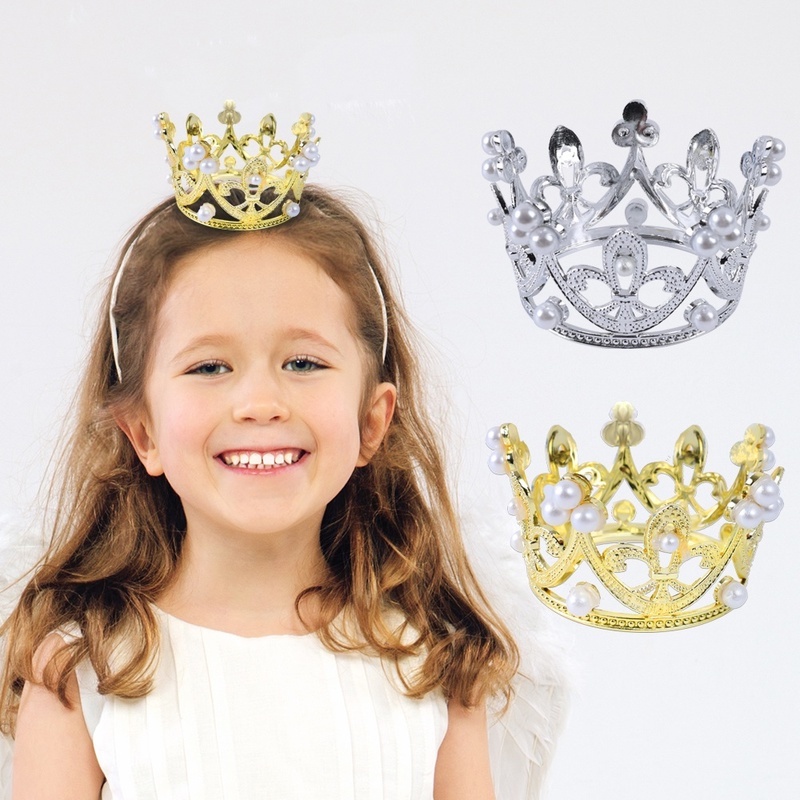 1pc Mahkota Tiara Mini Hias Kristal Mutiara Untuk Topper Kue Ulang Tahun Anak