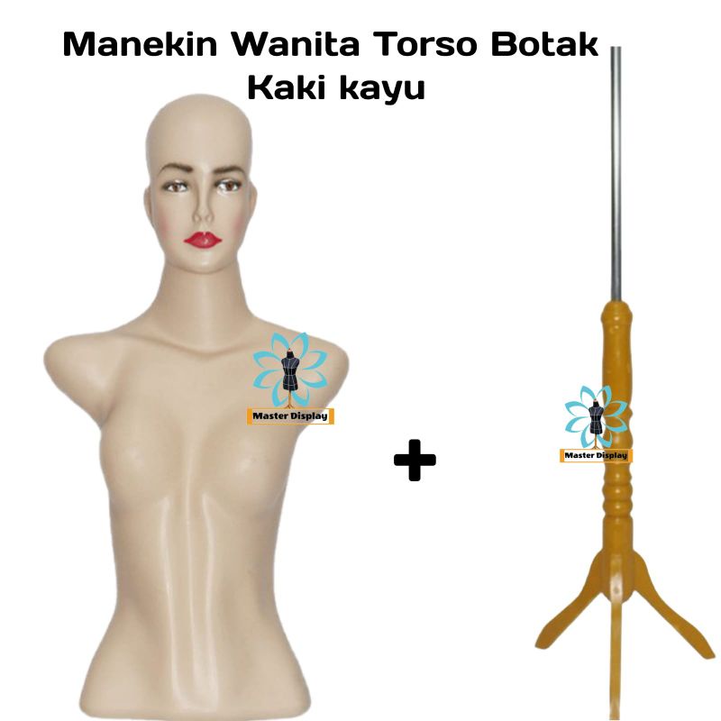 Manekin Torso Wanita Botak Kaki Kayu | Manekin badan kepala wanita  | Manekin Lurus Kepala Botak Kak