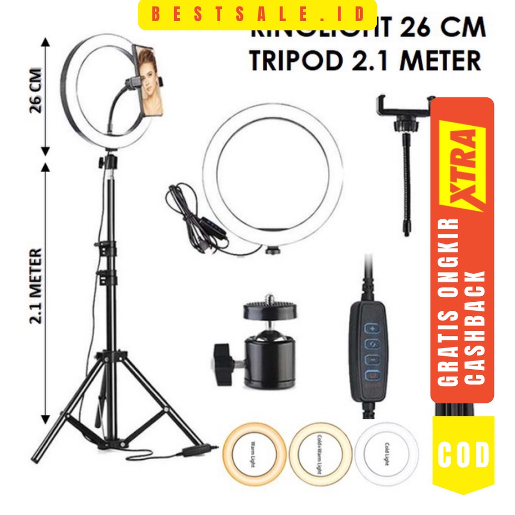 Paket Komplit Ringlight 26cm + Tripod 2,1 Meter Vlog Lampu Ringlight 3 Mode Cahaya 360 Derajat Ball Head