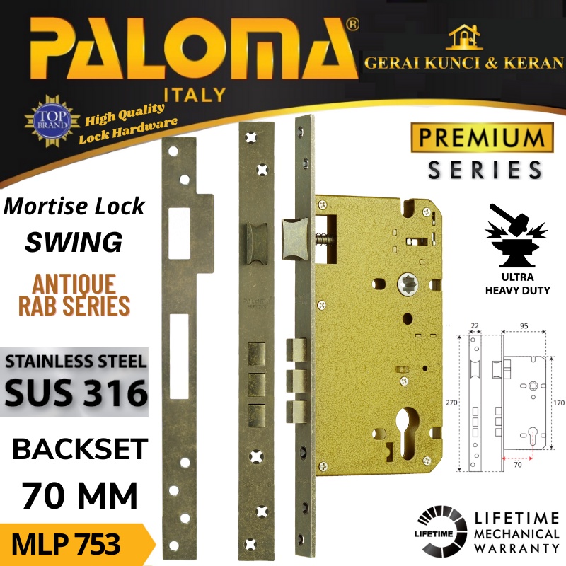 Body Kunci PALOMA MLP 753 PREMIUM SWING 70MM RAB ANTIK MORTISE LOCK