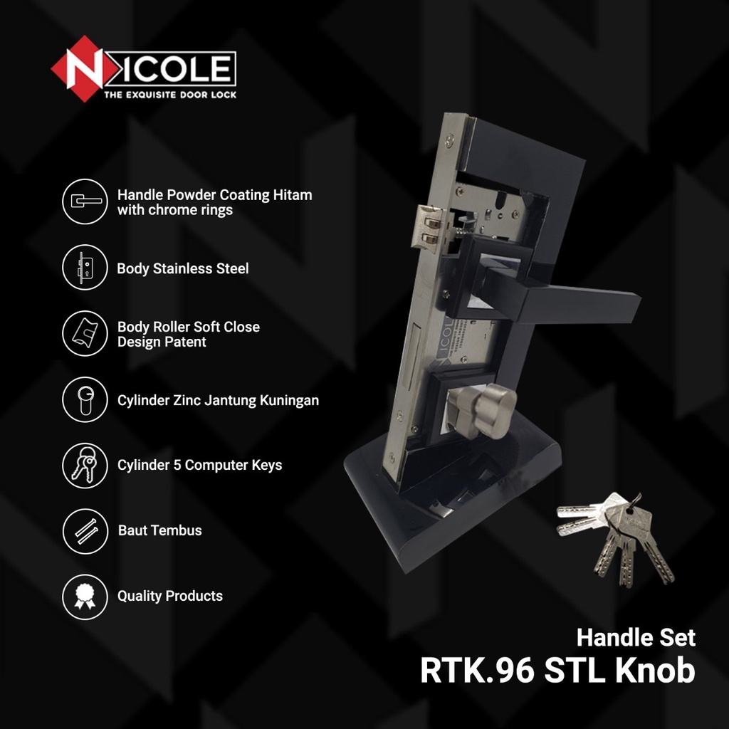 Kunci Pintu Misah / Handle Rosette / Gagang Pintu Set Hitam RTK.96 STL