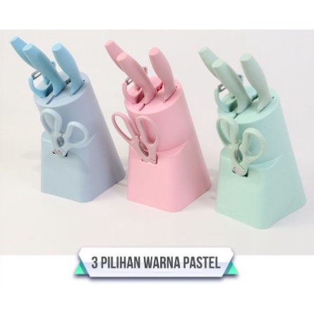 pisau dapur stainless warna set 6 IN 1 dengan wadah