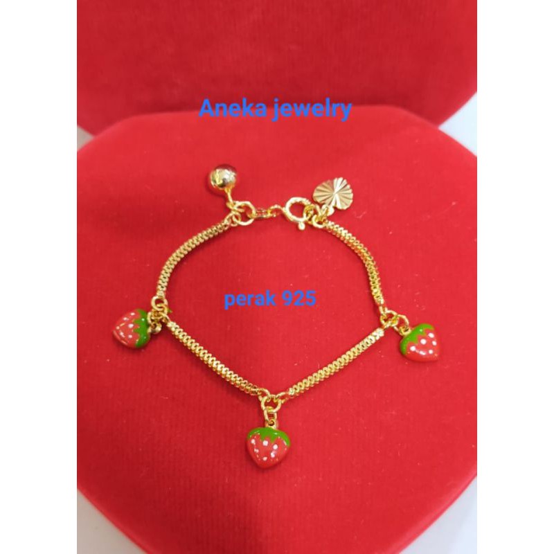 Gelang anak Milano strawberry cat, Perak 925, sepuh emas kuning