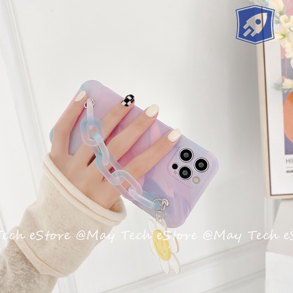 Casing iPhone Soft Watercolor dengan Hand Grip Rantai Pink Biru Smiley Flower iPhone X XS XR XSMAX 11 12 13 PRO PROMAX