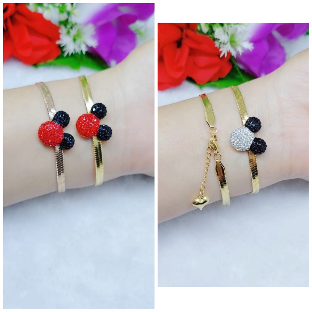 Titanium Gelang Mickey permata putih dan merah perhiasan fashion