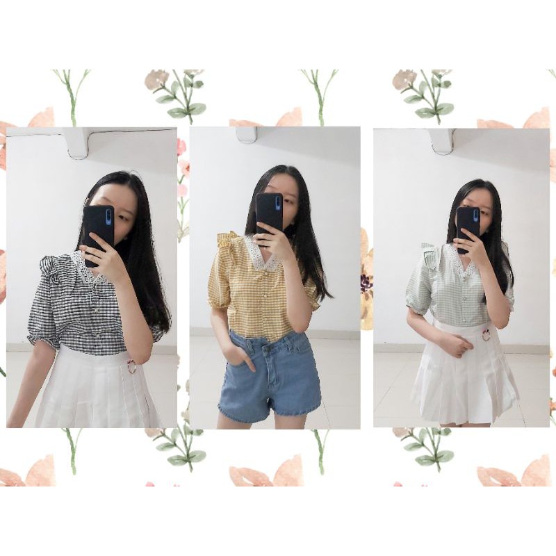 Yura Lace Top Atasan Brokat Corak Motif Kotak Kotak Korea Import Premium