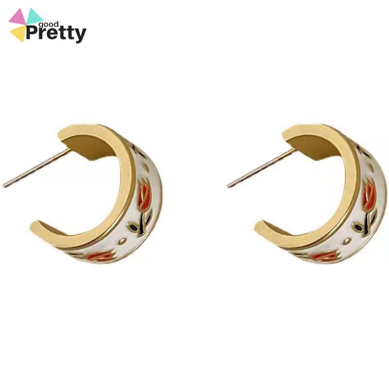 Retro Musim Semi Tulip Lingkaran C Cincin Gaya Hong Kong s925 Sterling Silver Stud Earrings - PD