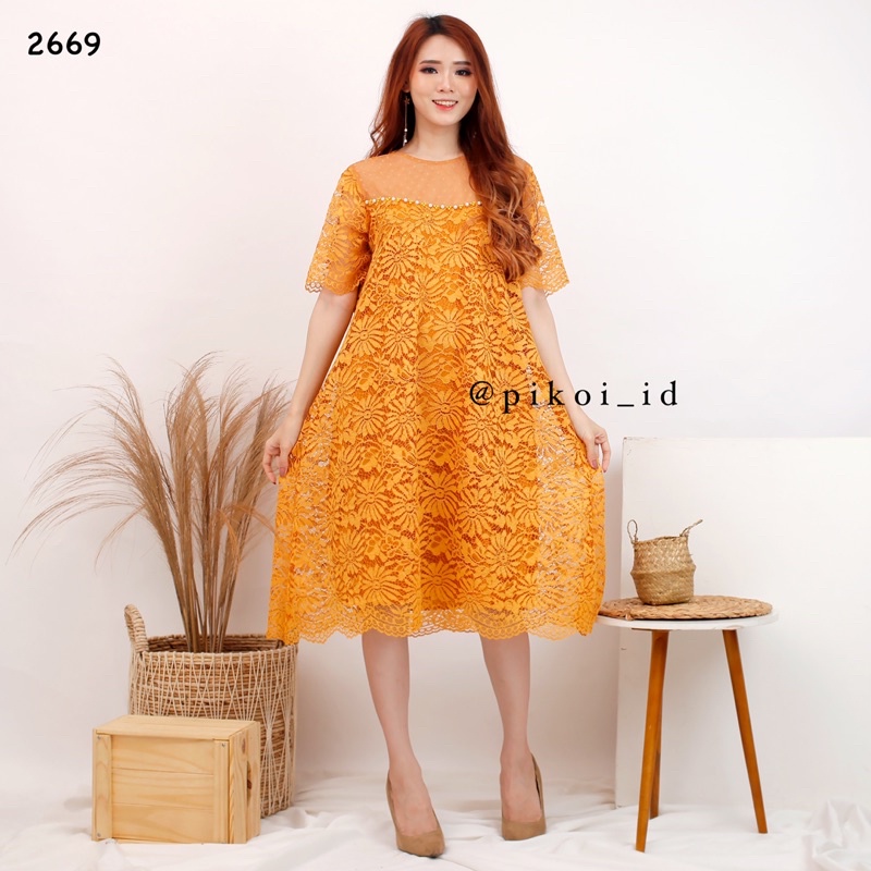 Dress brukat imlek kondangan pesta merah / dress brokat korean style / dress lace bangkok / 2669