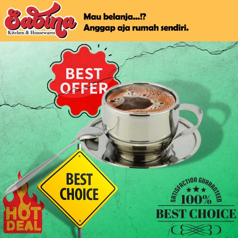 Gelas Cangkir Kopi Set Premium Sendok Piring Stainless Steel 120ml