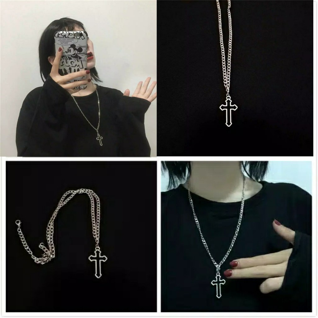 Kalung Rantai Panjang Liontin Salib Gaya Hip Hop Korea Gothic Untuk Pria dan Wanita