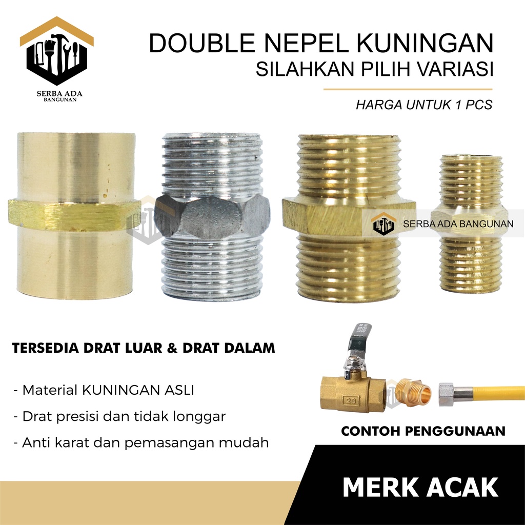 DOUBLE NAPLE NEPEL / NIPEL DRAT LUAR 1/2 &amp; 1/4 INCH SAMBUNGAN PIPA KRAN SERBAGUNA KUNINGAN STAINLE