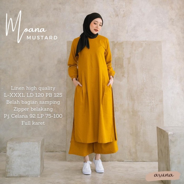 Baju Setelan Tunik Celana Kulot Moana One Set Polos Bahan Linen Rami - Mustrad