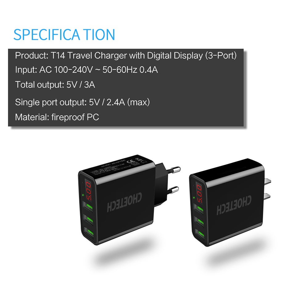 Charger USB 3 Port 3A with LED Display - C0027 - Black