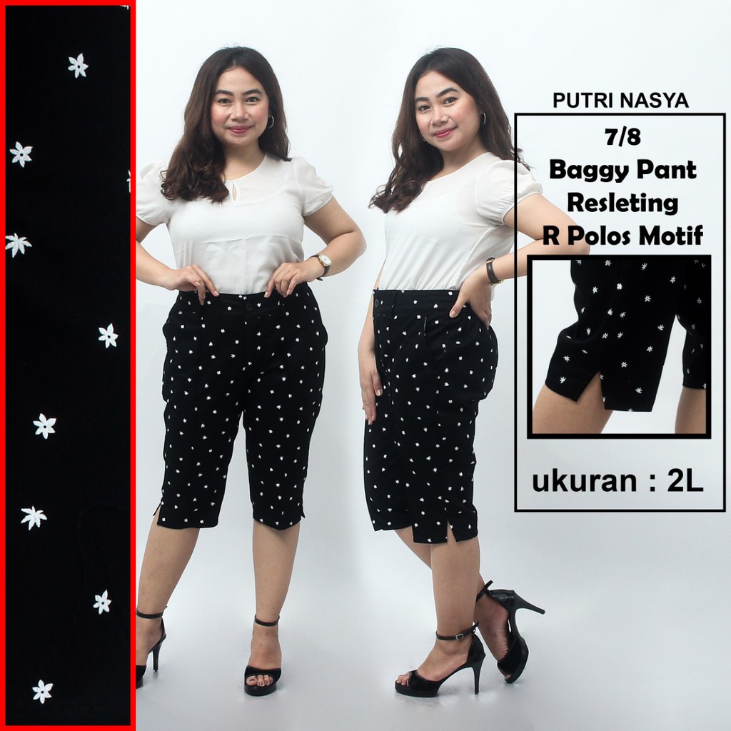 Celana 7/8 jumbo resleting polos motif/ baggy pant jumbo / celanapendek 8L-6L-5L-4L-2L-XL-S fit to L