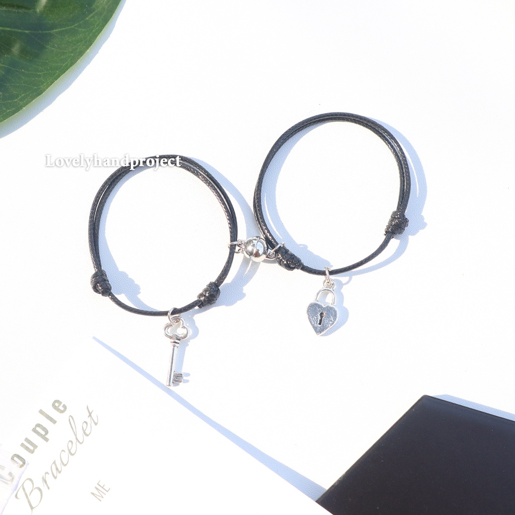 Gelang Couple Magnet Gembok Kunci Silver Tali Anti Air Korea Waterproof Liontin Love Pasangan Persahabatan Kulit SIntetis