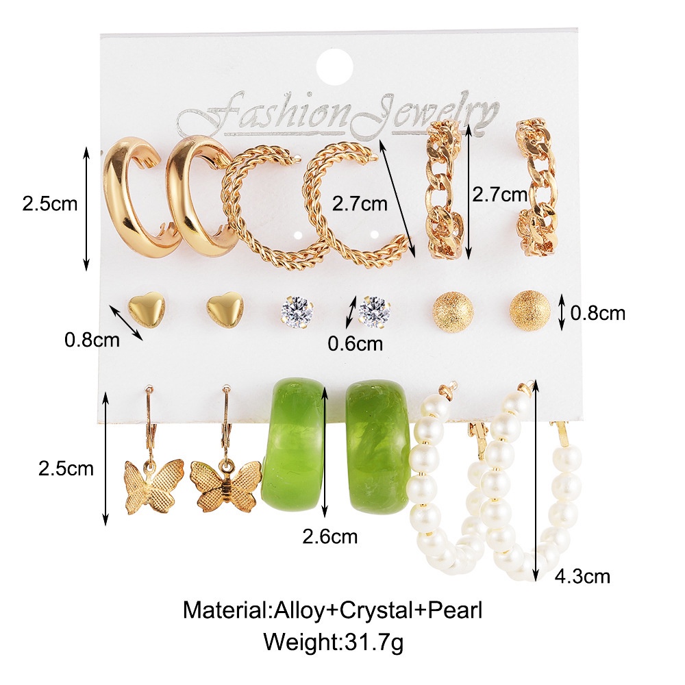 9 Pasang / Set Anting Stud Bentuk C Kupu-Kupu Hati Bahan Logam Akrilik