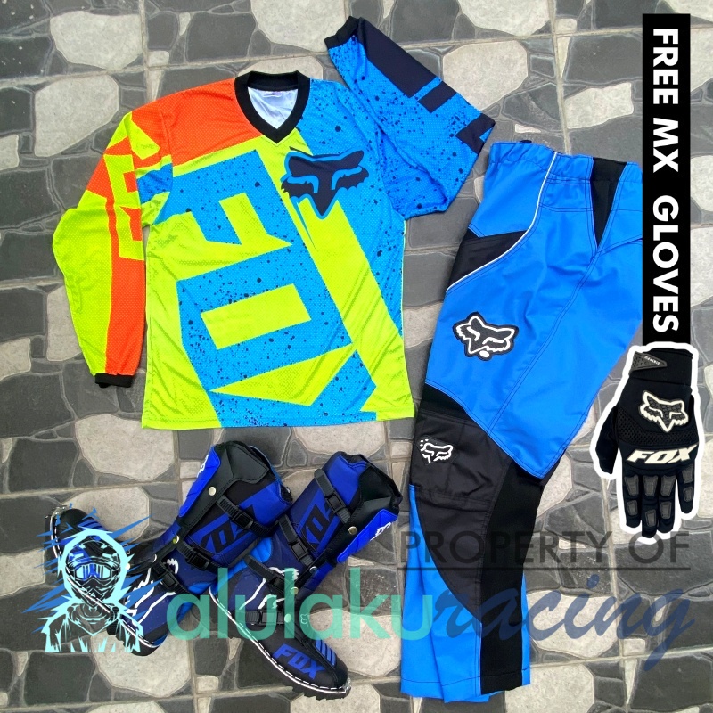 Jersey, Celana, Sarung Tangan &amp; Sepatu Fullprint with Protectors Fullset MX Trail Motocross - Paket Bundling FOCTFG080706-F41